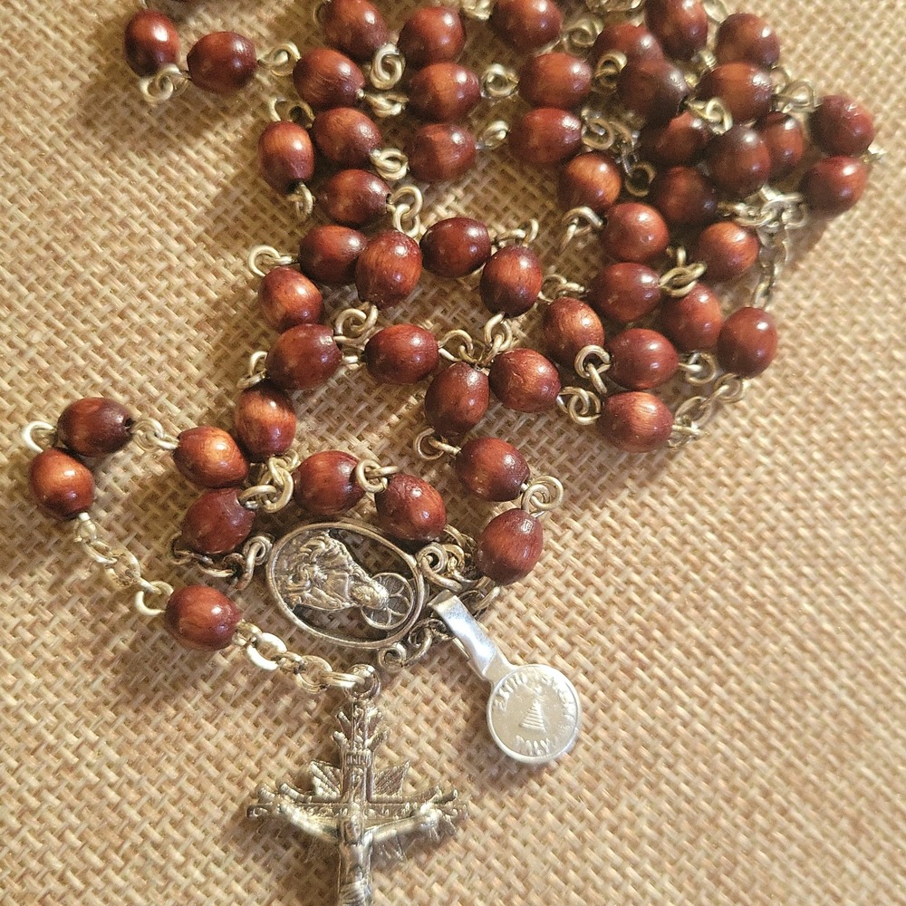 Vintage Wood Bead Rosary Extra Strong Italy Metal Tag Brown Silver Tone 19in